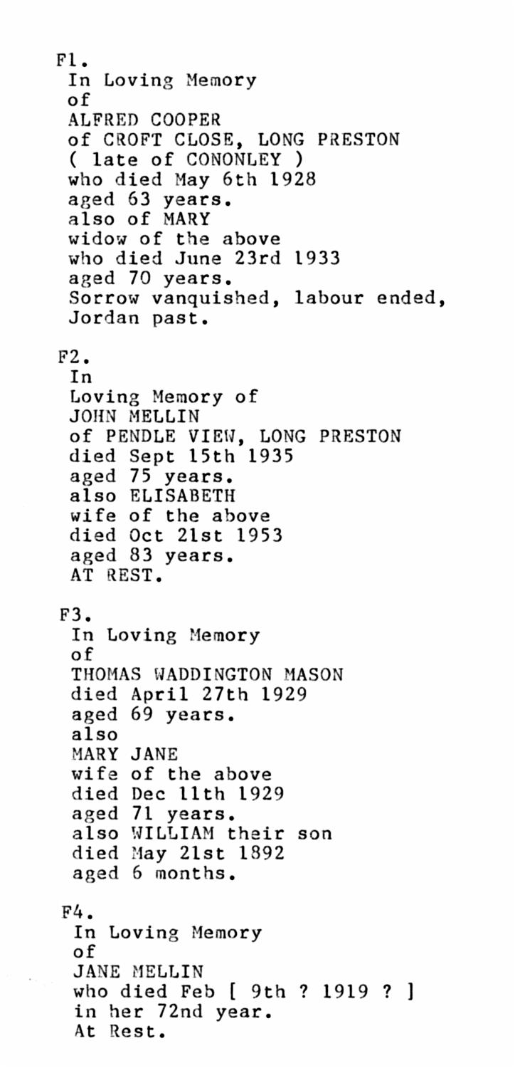 Location Index - P08.jpg - Long Preston Baptist Church -  Monumental Inscriptions in Location Order  - F1 to F4
